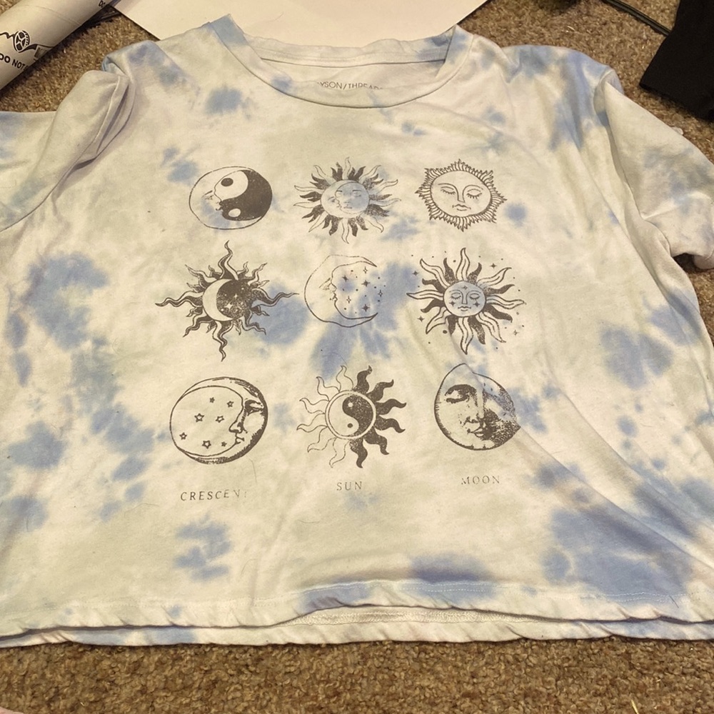 Blue tiy-diy size M/ moon,sun and crescent crop top